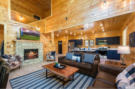 Open living area with a kitchen, fireplace, television, and sofas